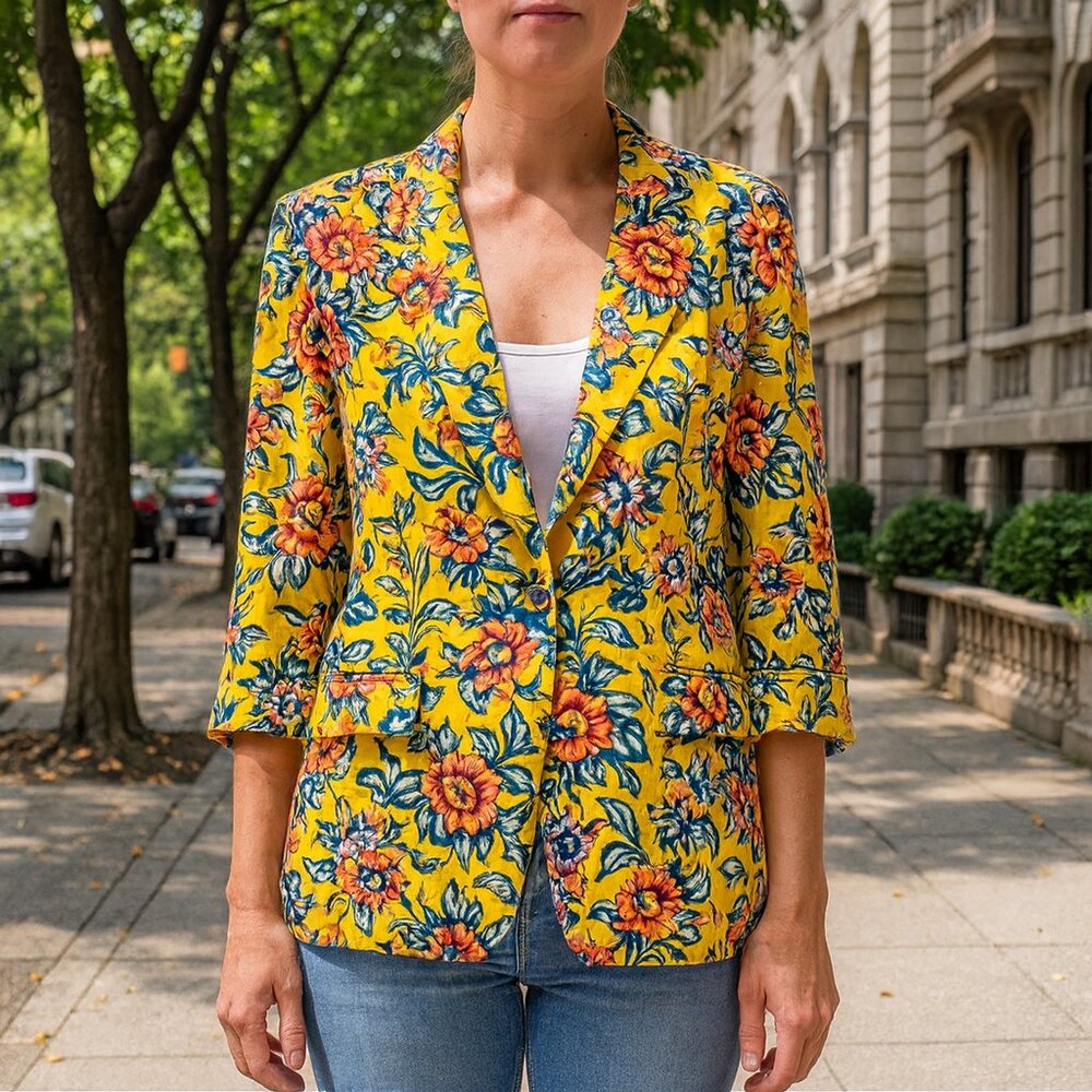 BP. Women Floral Yellow Linen Blend Blazer Sz. M - Picture 2 of 9